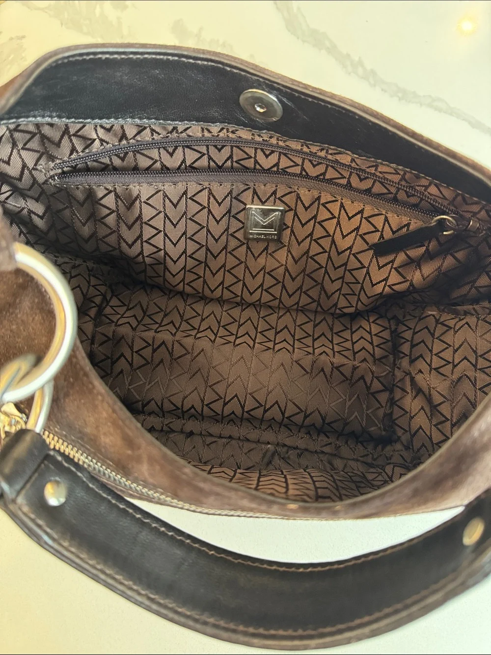 Michael Kors Vintage Brown Suede Hobo Shoulder Bag Expandable Zip Bottom Silver